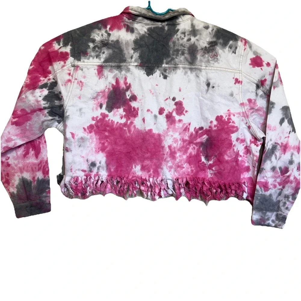 TAXI Cropped Jacket Pink Women's‎ 2X Tie Dye Retro Denim Distressed Tassle Art